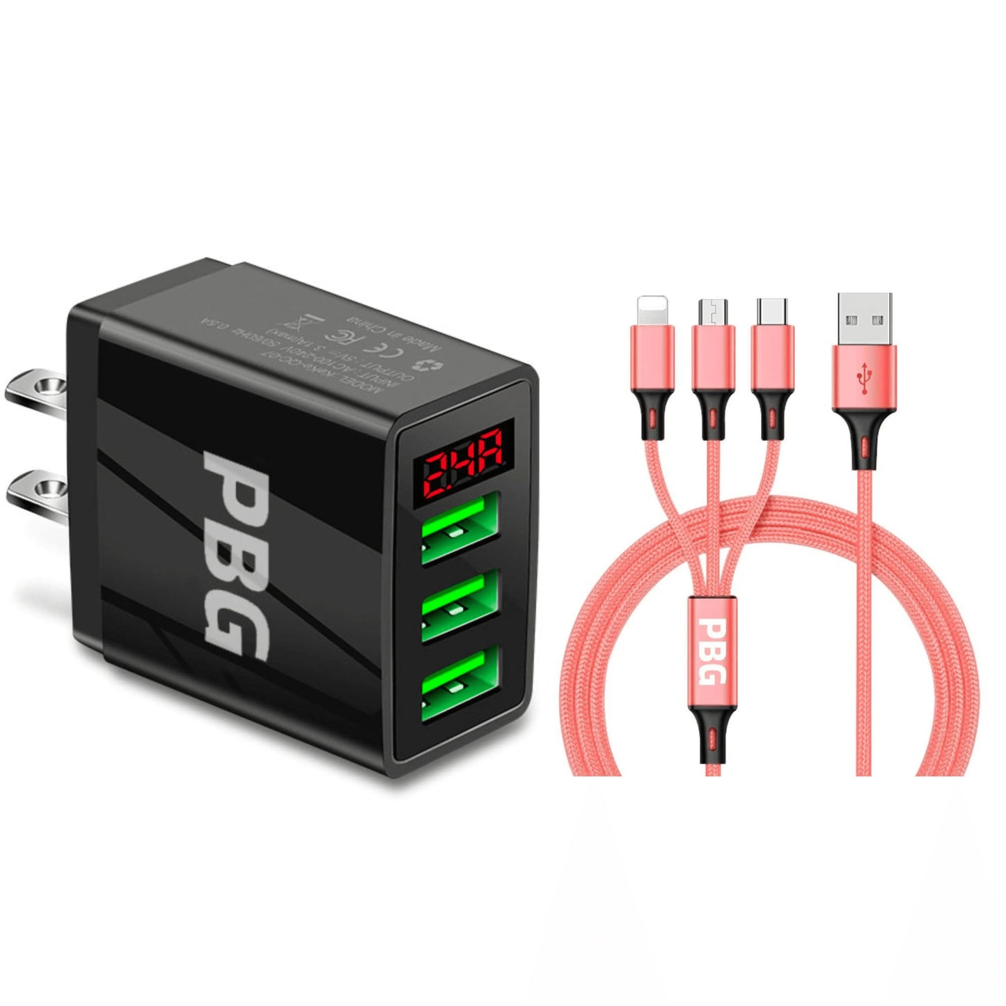 3 port LED Display Wall Charger and 3 in 1 Cable Bundle Gold