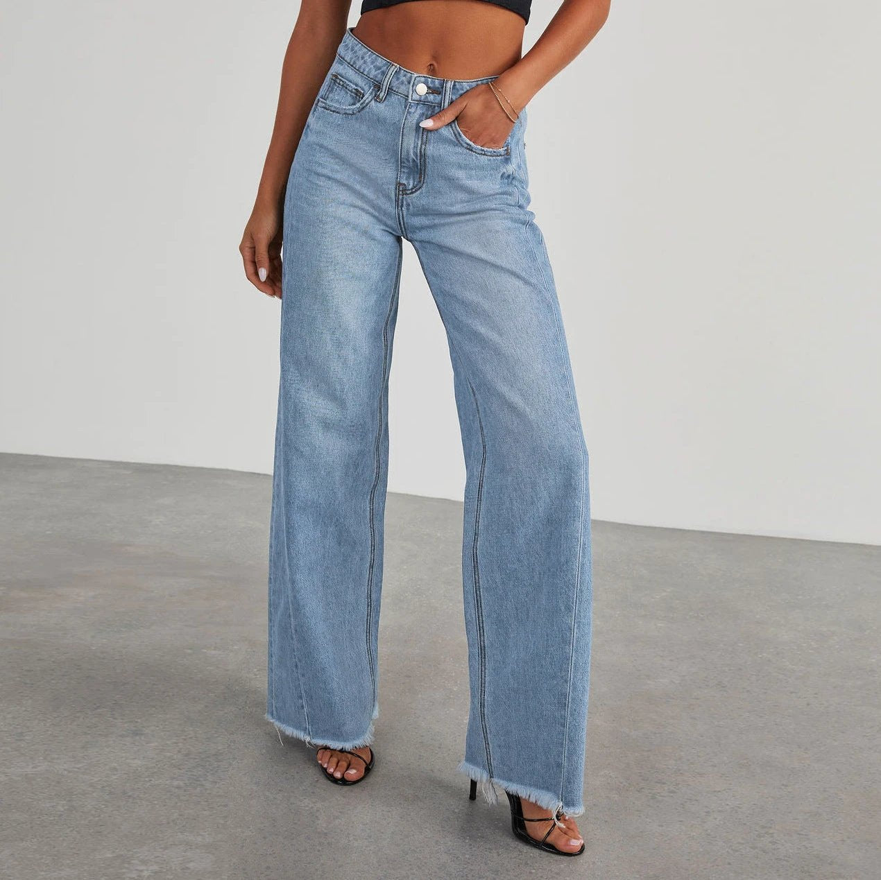 Mandotos Fashion High Waist Jeans With Pockets Slim Fit Straight Wide Leg Denim Pants