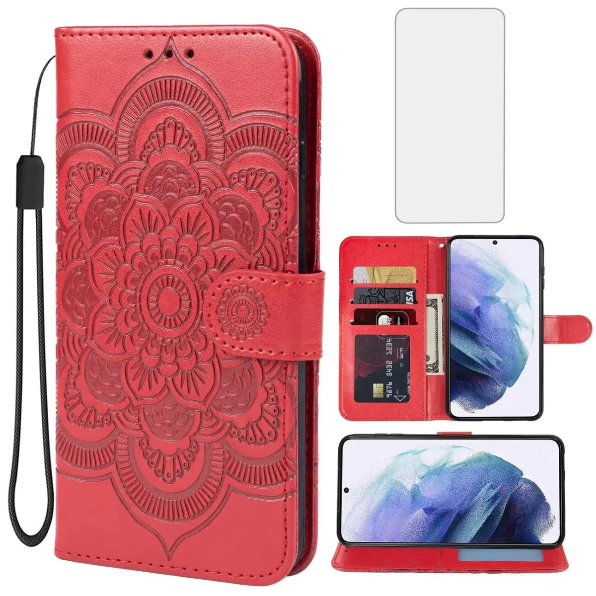 Mandala Red Wallet Case for Galaxy S21 with Screen Protector