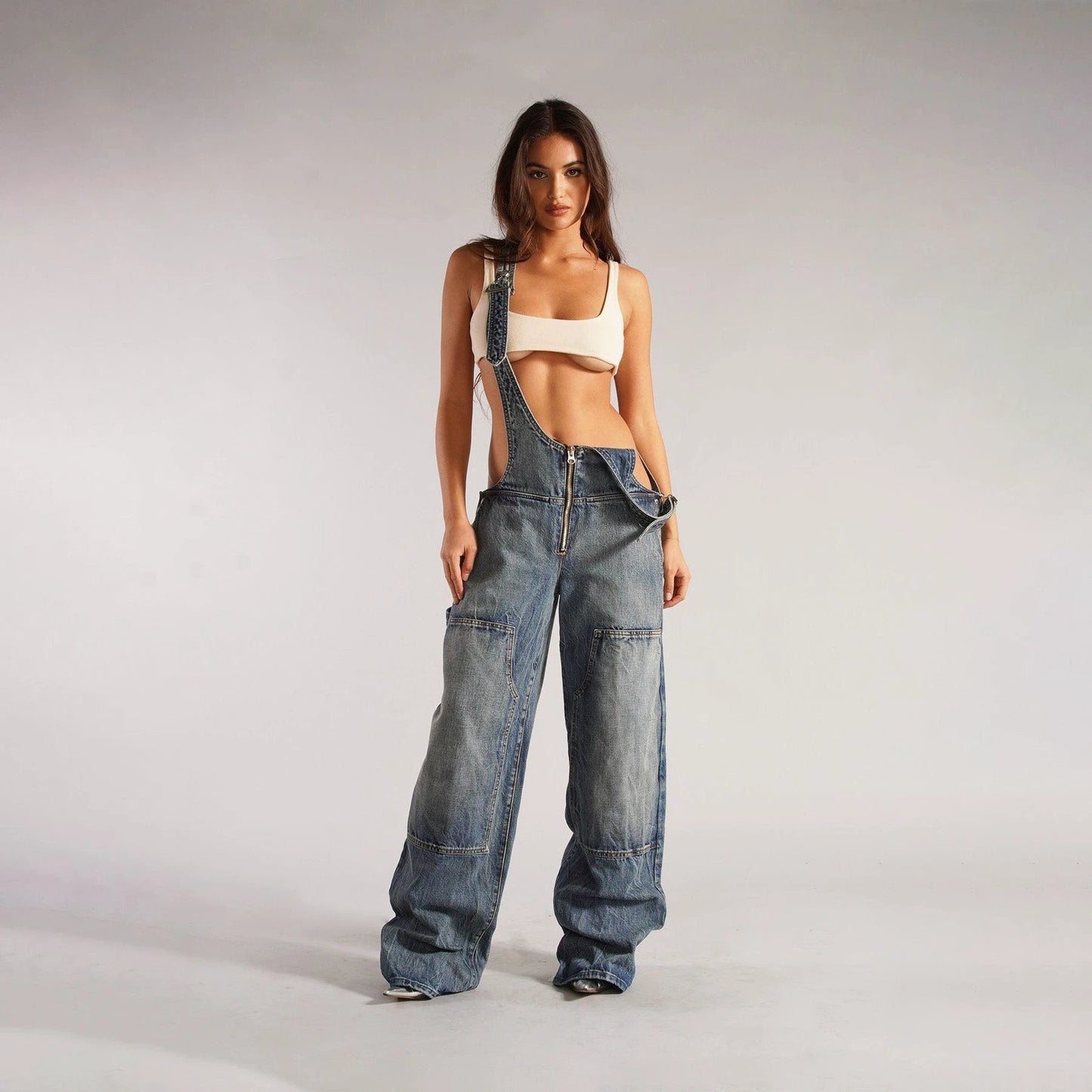 Y2K Denim Overalls - Zipper Suspender Jumpsuit Streetwear