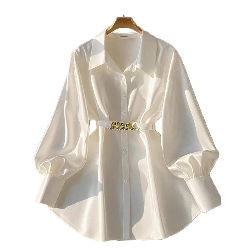 Women's Elegant Lapel Button-Down Top With Adjustable Metal Waist Belt Solid Color Loose Fit Blouse For Casual & Office Wear