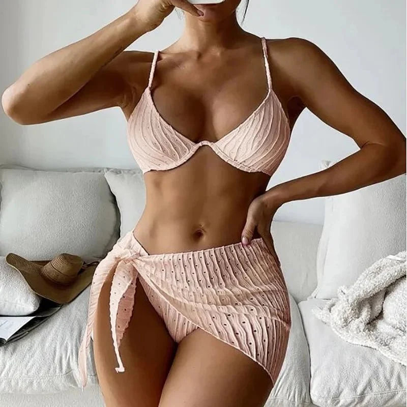 2026 3pcs Bikini Set Glistening Swimsuit Bikini With Cover up Dress Girls Swim Bathing Suit Beach Wear
