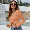 Sexy Women's Long Sleeve Hollow Cutout Knit Blouse V-Neck Drawstring Beach Sunscreen Short Pullover Thin Casual Sweater