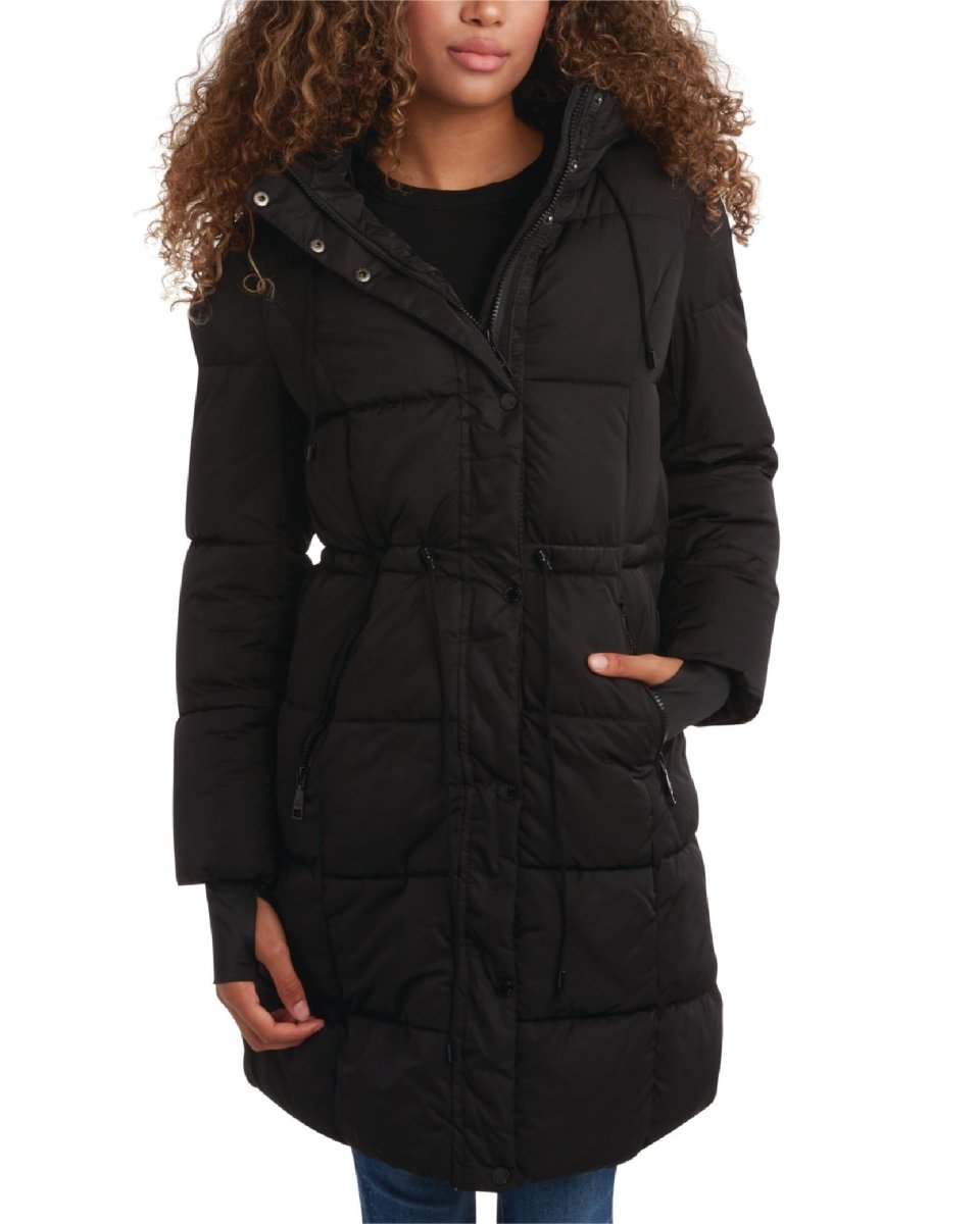 Steve Madden Women's Elegant Long Puffer Coat with Hood - Black X-Large