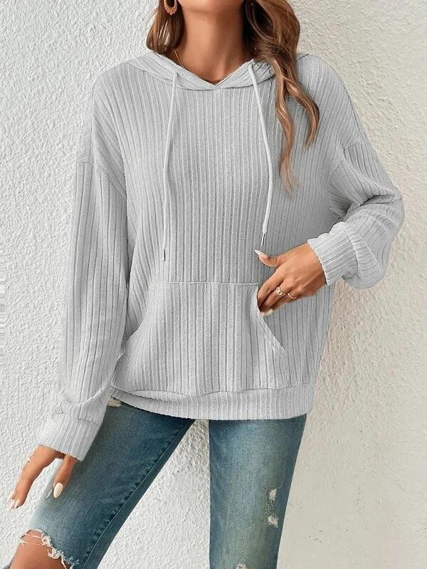 Mandotos Womens Knit Hoodie Sweatshirt With Pockets Drawstring Long Sleeve Solid Sunken Stripe Knitwear