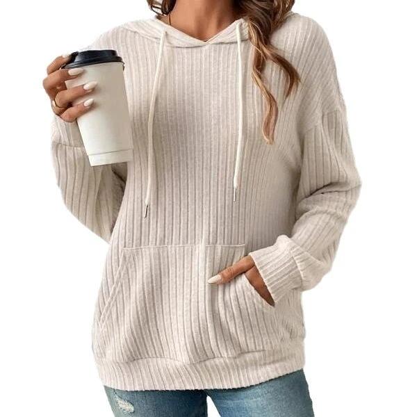 Mandotos Womens Knit Hoodie Sweatshirt With Pockets Drawstring Long Sleeve Solid Sunken Stripe Knitwear
