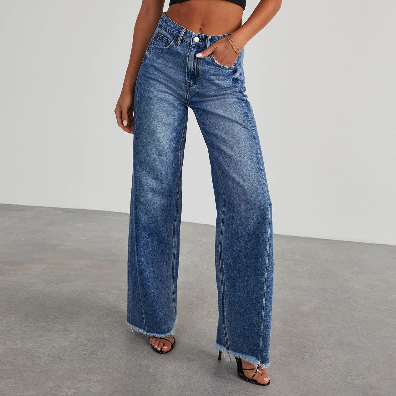 Mandotos Fashion High Waist Jeans With Pockets Slim Fit Straight Wide Leg Denim Pants