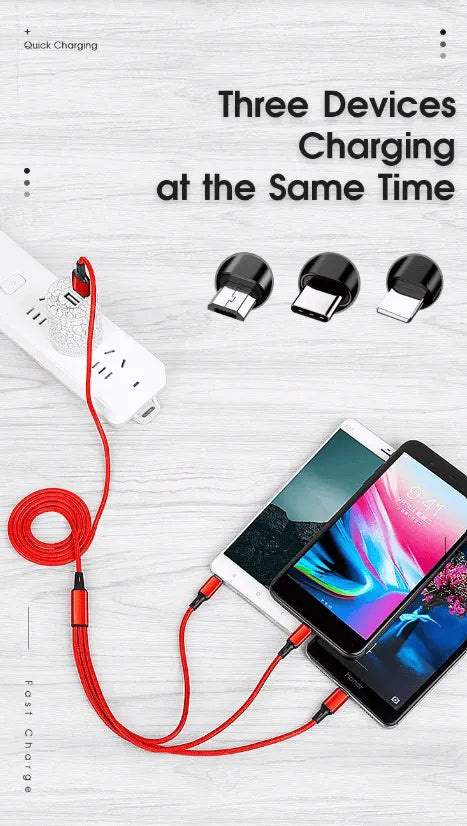 3 Port Fast LED White Car Charger + 3 in 1 Cable Combo Black