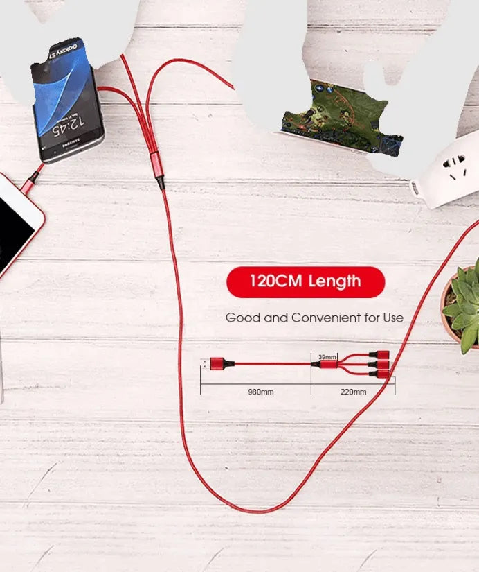 3 Port Fast LED White Car Charger + 3 in 1 Cable Combo Gold