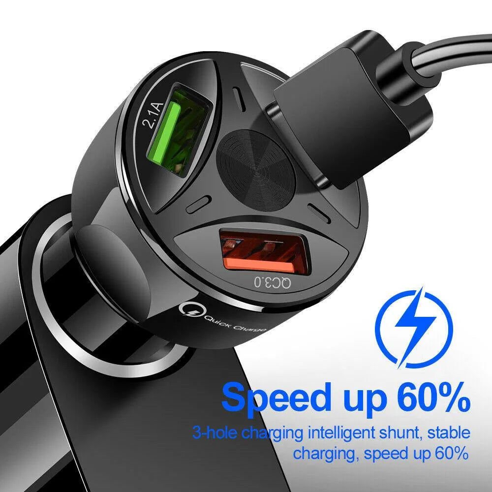 3 Port Fast LED White Car Charger + 3 in 1 Cable Combo Red