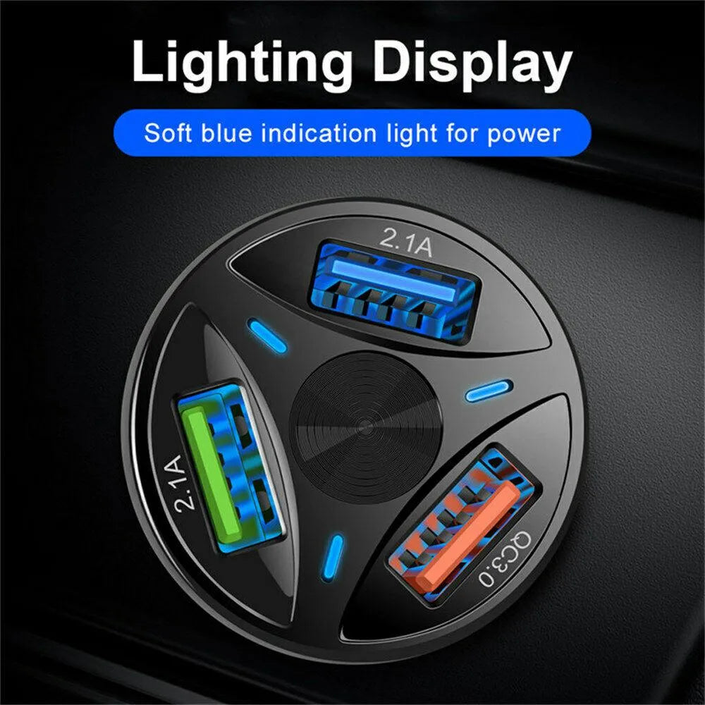 3 Port Fast LED White Car Charger + 3 in 1 Cable Combo Red
