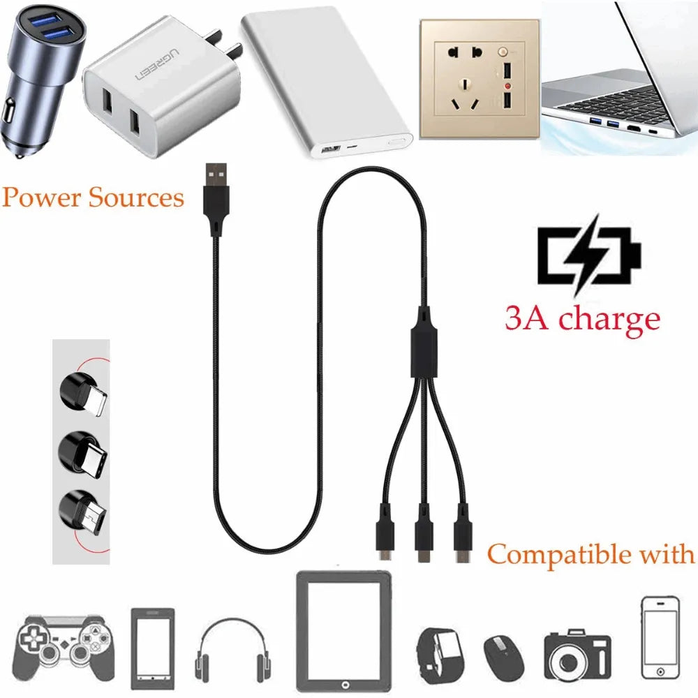 3 port LED Display High Speed Wall Charger White + 3 in 1 Cable Combo