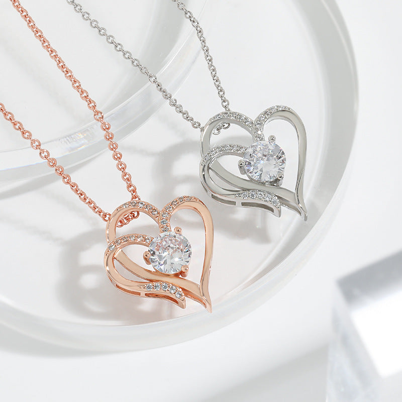 Zircon Double Love Necklace with Rhinestones 💖 Sparkling heart-shaped design for timeless elegance!