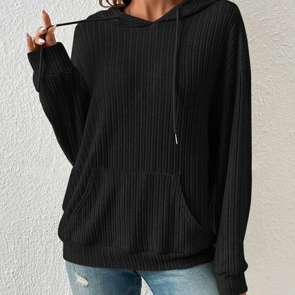 Mandotos Womens Knit Hoodie Sweatshirt With Pockets Drawstring Long Sleeve Solid Sunken Stripe Knitwear