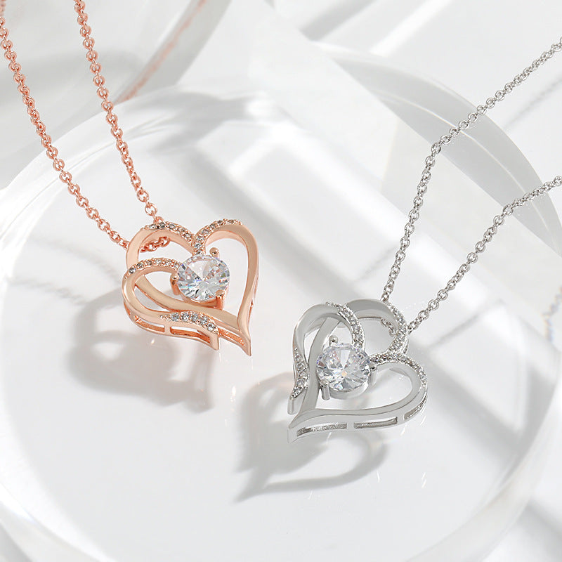 Zircon Double Love Necklace with Rhinestones 💖 Sparkling heart-shaped design for timeless elegance!