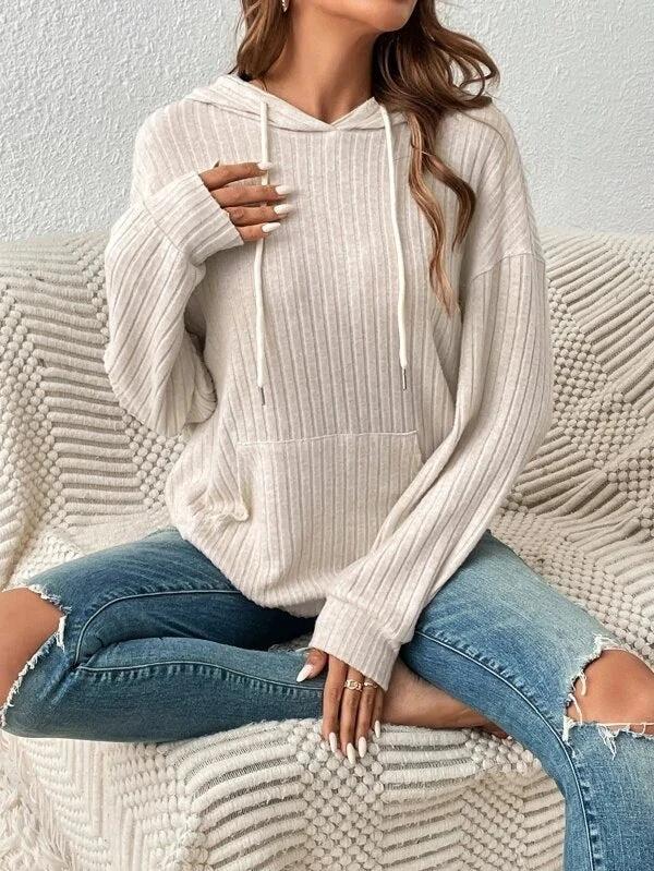 Mandotos Womens Knit Hoodie Sweatshirt With Pockets Drawstring Long Sleeve Solid Sunken Stripe Knitwear