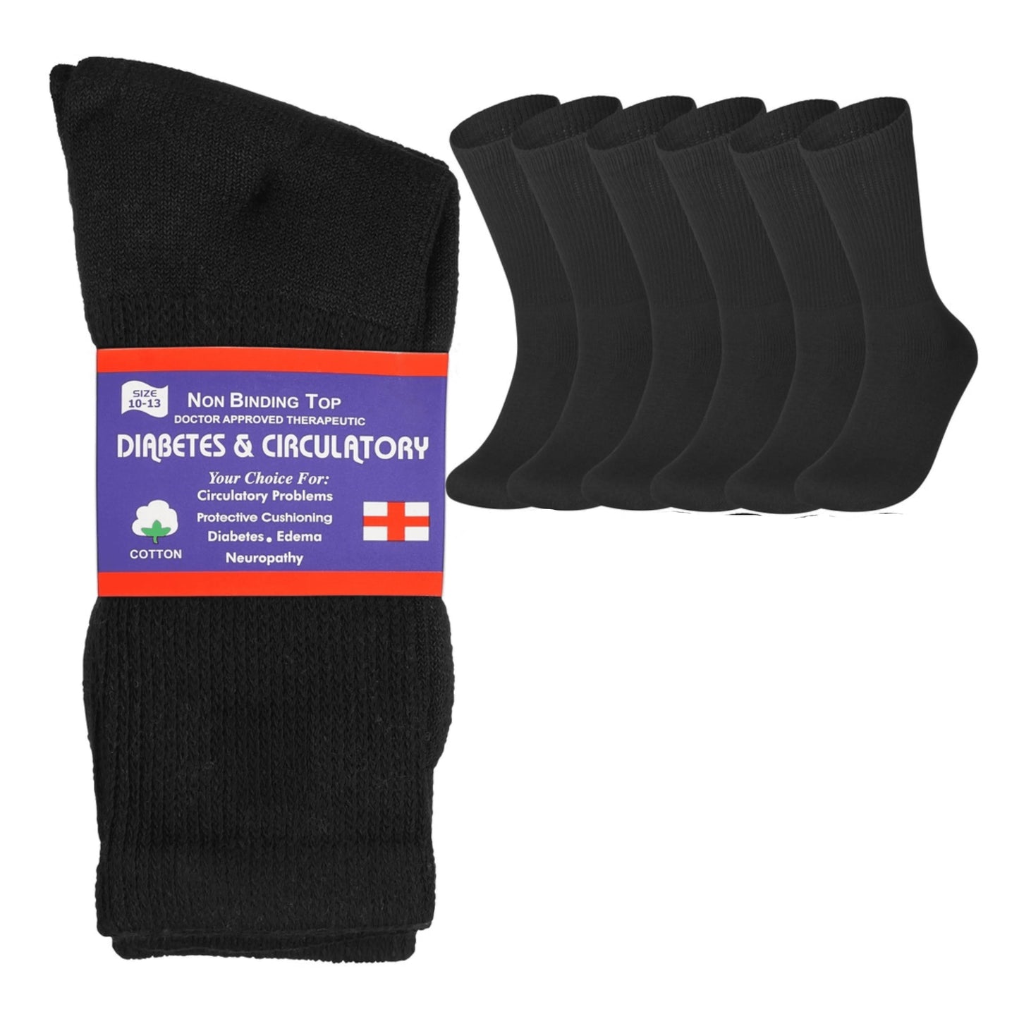 6 Pairs Physicians Approved Diabetic Crew Socks Unisex Black/Grey/White
