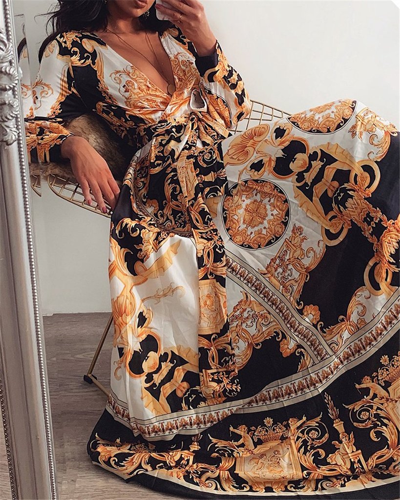Chic Vintage Floral Evening Dress with V-Neck
