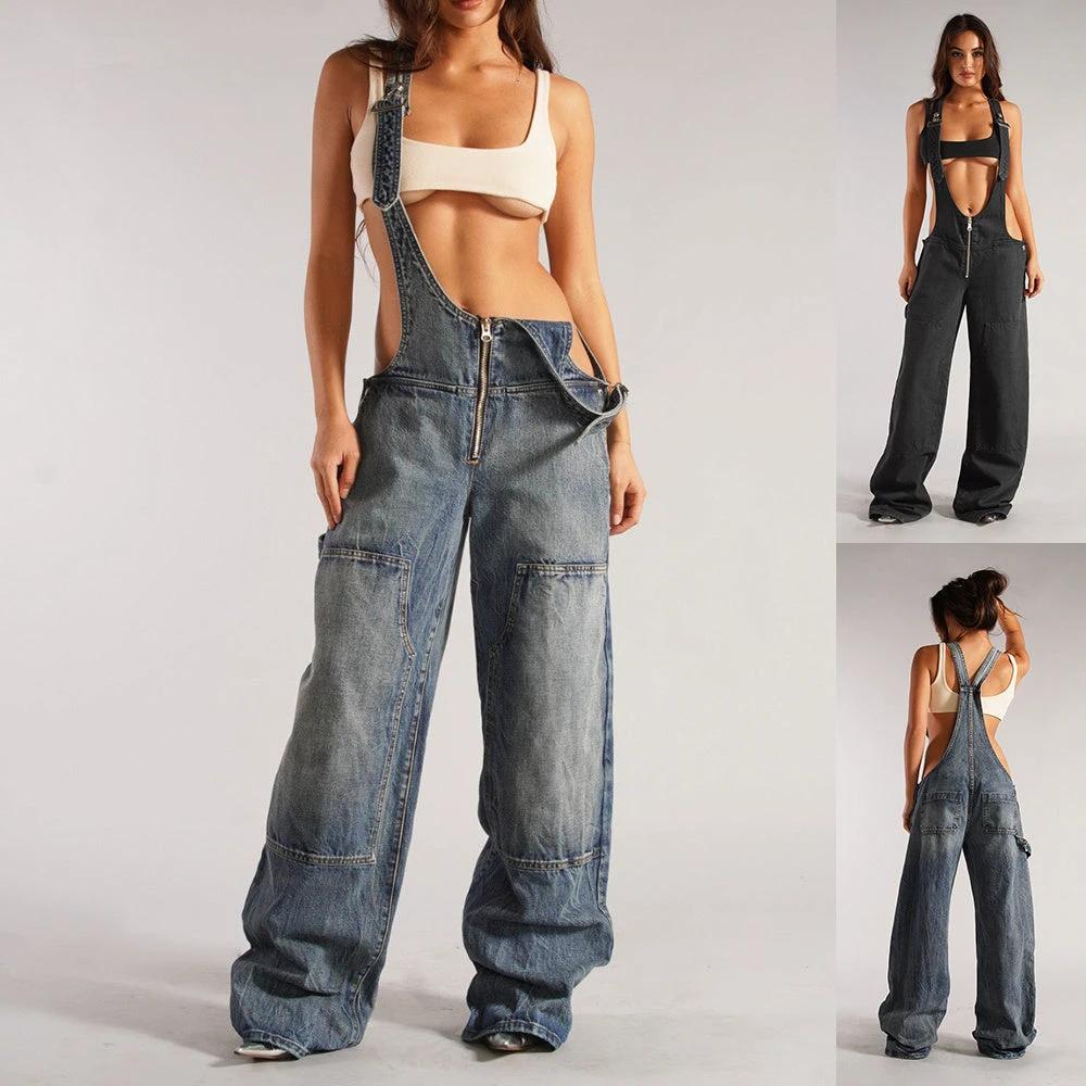 Y2K Denim Overalls - Zipper Suspender Jumpsuit Streetwear