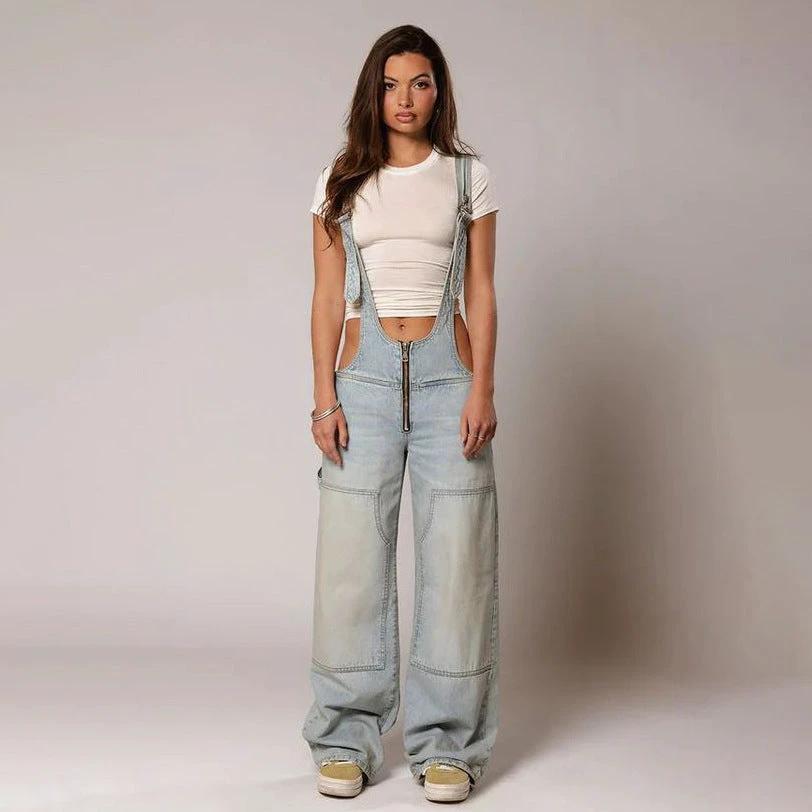 Y2K Denim Overalls - Zipper Suspender Jumpsuit Streetwear