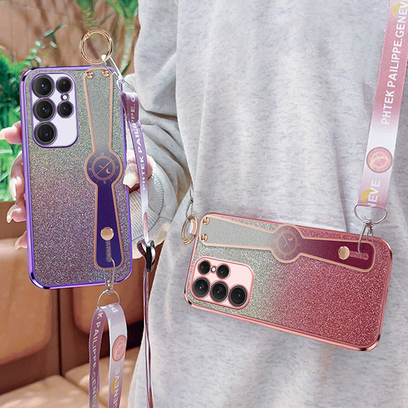 Gradient Glitter Wristband Cross Body Lanyard Phone Case