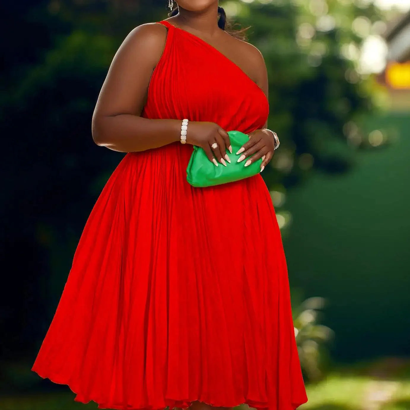 Luxe Couture Ruffle Midi Dress with Flowing Pleats for Effortless Elegance