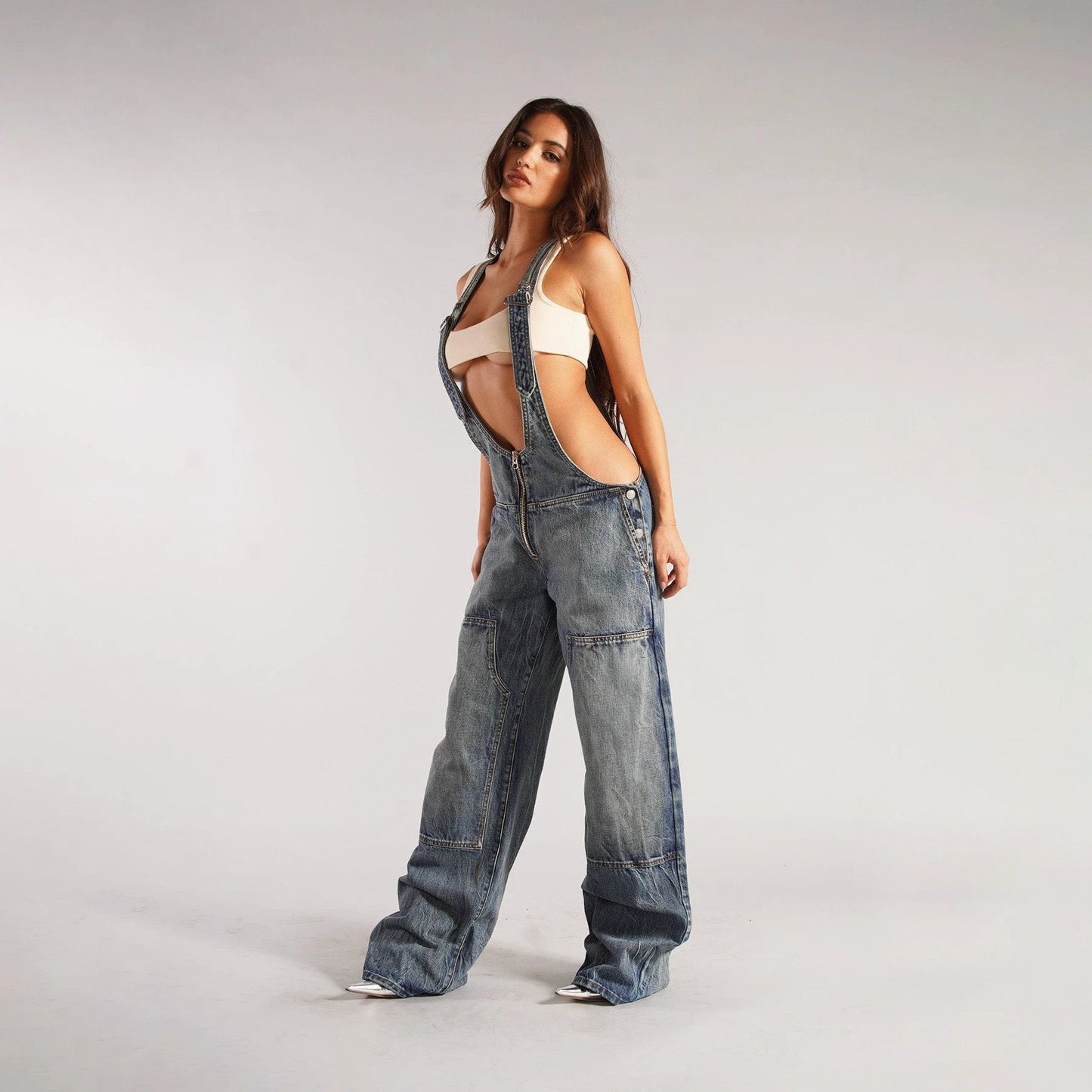 Y2K Denim Overalls - Zipper Suspender Jumpsuit Streetwear