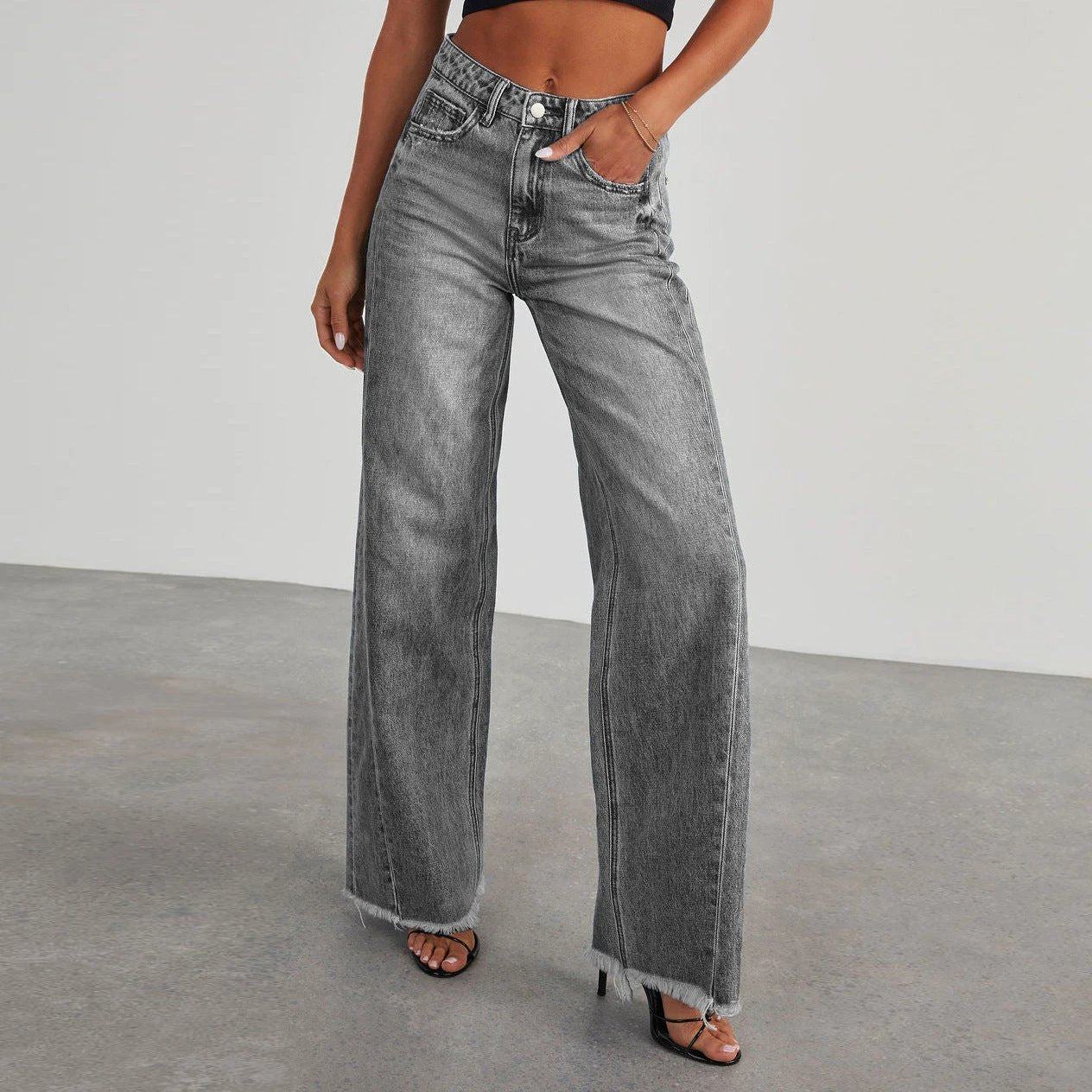 Mandotos Fashion High Waist Jeans With Pockets Slim Fit Straight Wide Leg Denim Pants