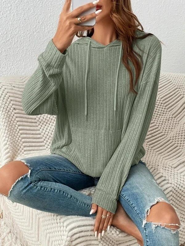 Mandotos Womens Knit Hoodie Sweatshirt With Pockets Drawstring Long Sleeve Solid Sunken Stripe Knitwear