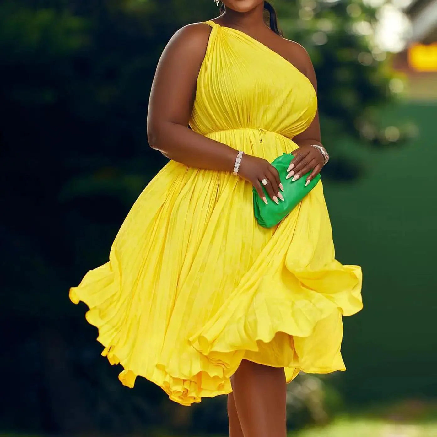 Luxe Couture Ruffle Midi Dress with Flowing Pleats for Effortless Elegance