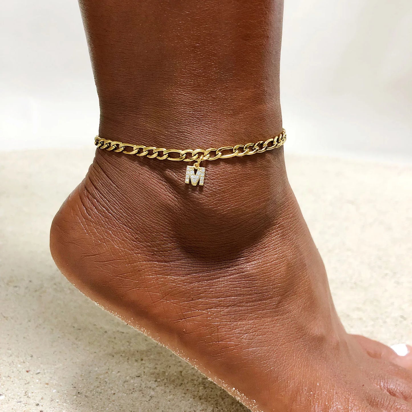 Crystal A-Z Letter Initial  Anklets Bracelet for Women ,Cuban Link Anklet Stainless Steel Beach Leg Foot Chains Wholesale