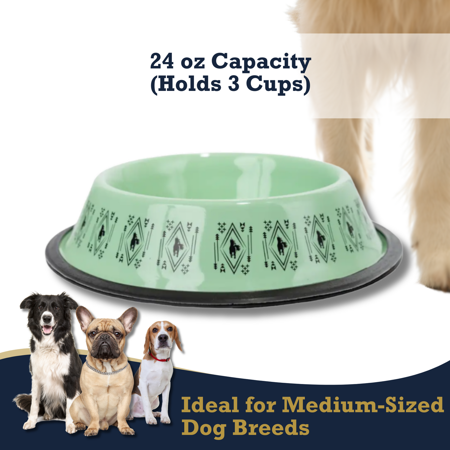Non-Skid Boho Stainless Steel Dog Bowl – with Whimsical Unicorn Design, Silicone Base for Medium Dogs – 24oz