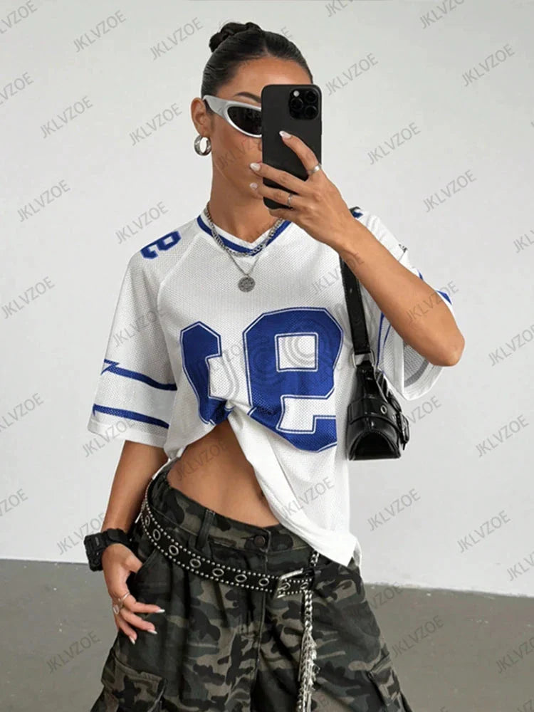 Summer New Black Speed 91 Print T-Shirt For Women V-Neck Patchwork Short Sleeve Sports Football Jersey Y2K Loose Oversized Tops