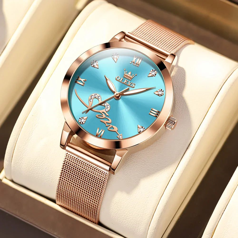 OLEVS Luxury Fashion Ladies' Watches Rose Gold Top Brand Original Quartz Watch for Women Stainless Steel Mesh Strap Love Dial