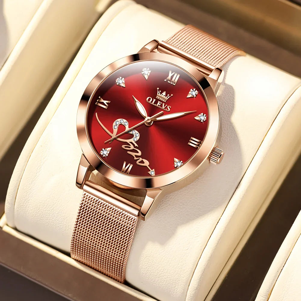 OLEVS Luxury Fashion Ladies' Watches Rose Gold Top Brand Original Quartz Watch for Women Stainless Steel Mesh Strap Love Dial