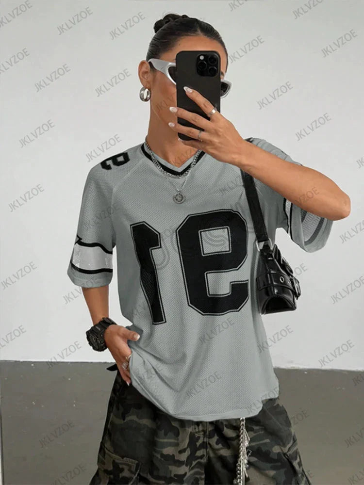 Summer New Black Speed 91 Print T-Shirt For Women V-Neck Patchwork Short Sleeve Sports Football Jersey Y2K Loose Oversized Tops