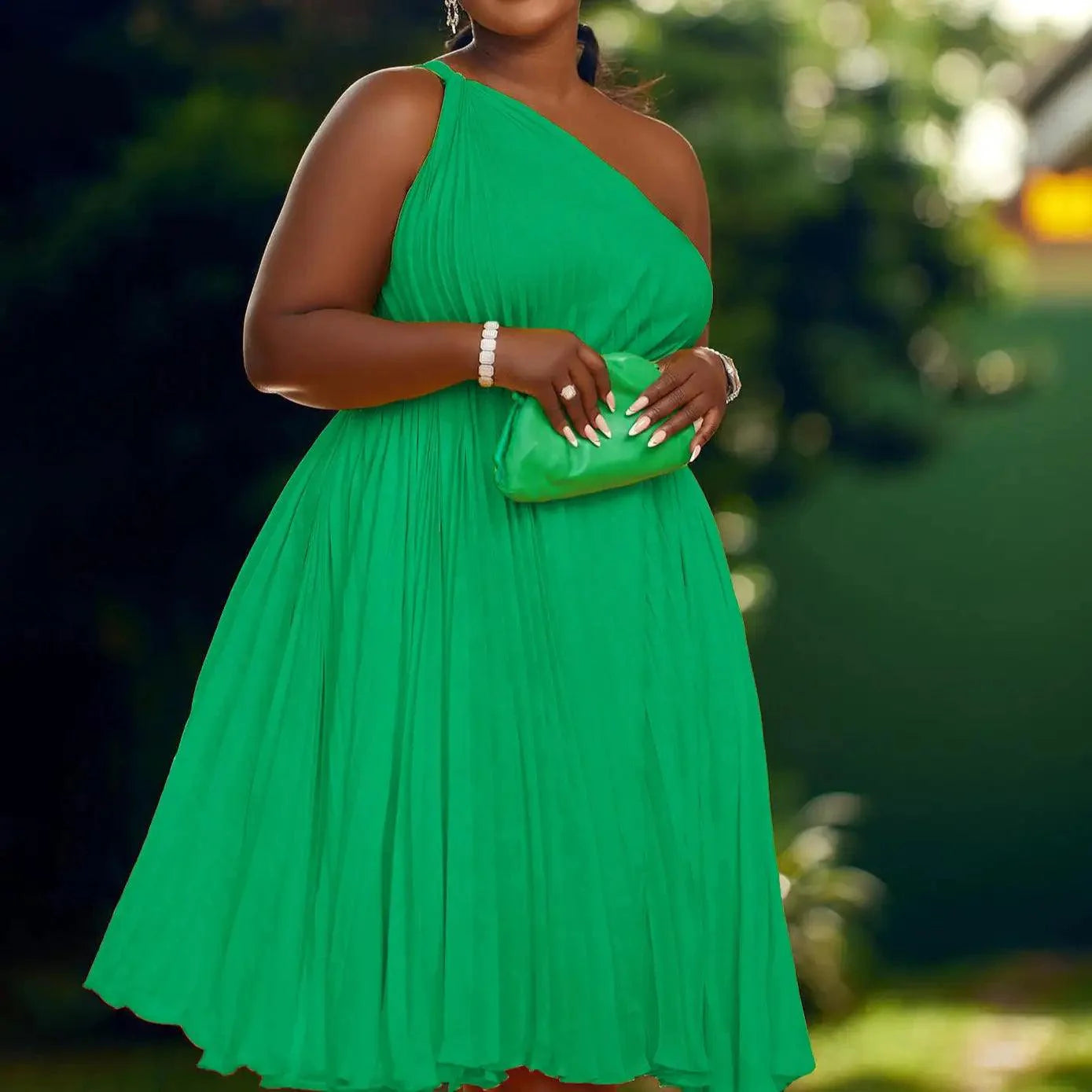 Luxe Couture Ruffle Midi Dress with Flowing Pleats for Effortless Elegance