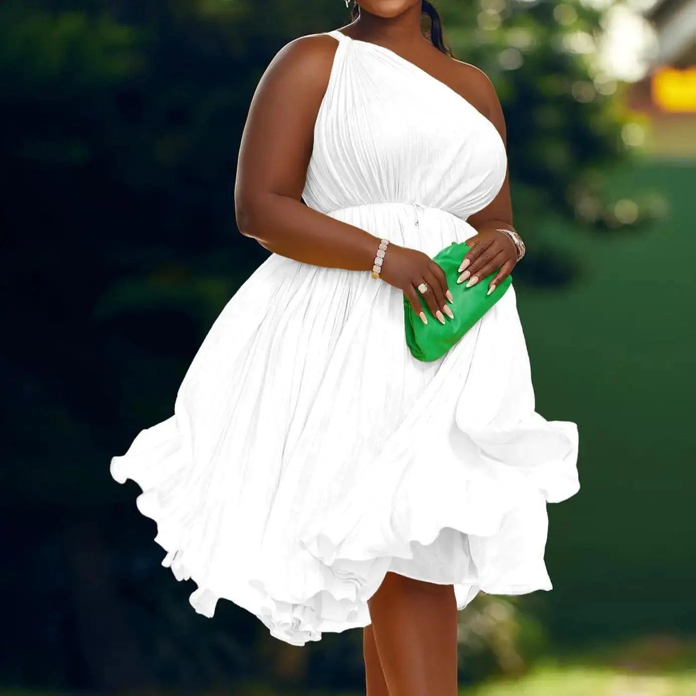Luxe Couture Ruffle Midi Dress with Flowing Pleats for Effortless Elegance