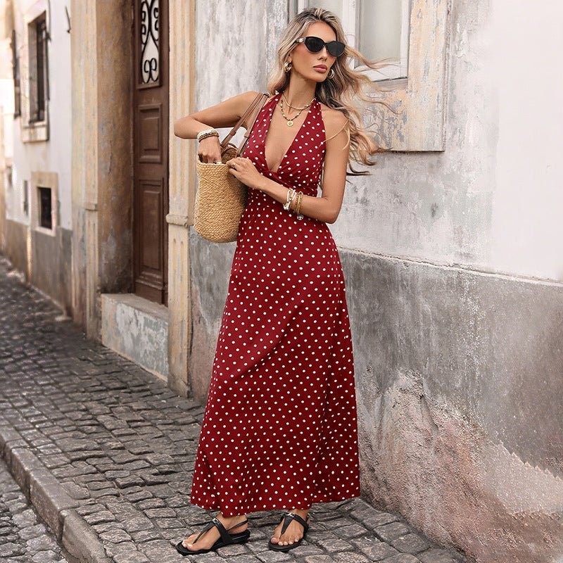Casual Dot Slim V-neck Long Dresses For Women 2026 Fashion Summer Women's A-Line Midi Dress Elegant Vintage Dresses