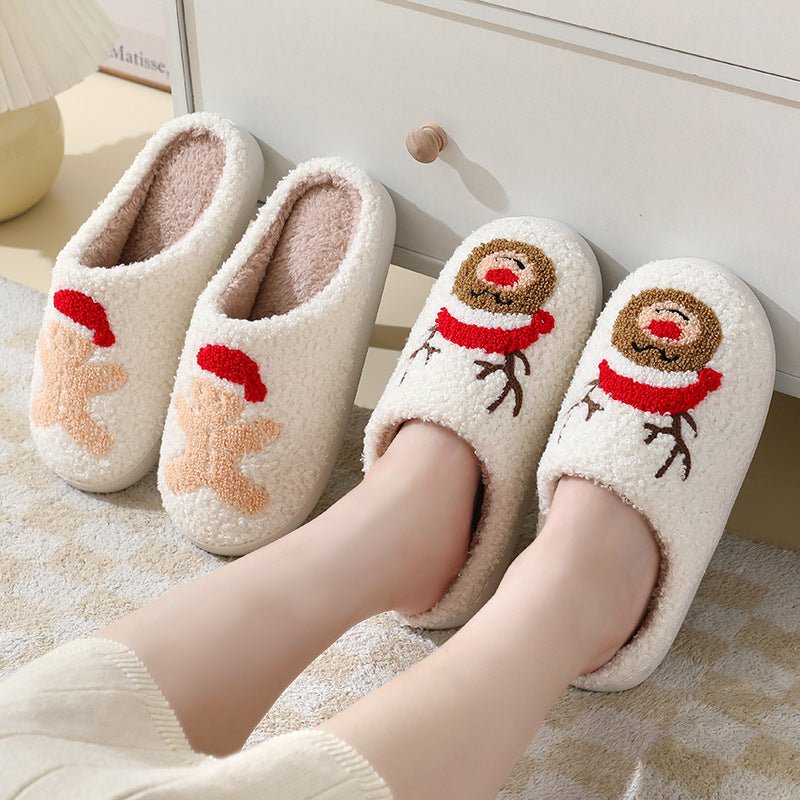Santa Claus Cartoon Cotton Slippers - Warm Winter Furry Shoes for Couples