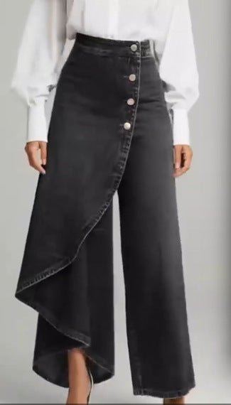 Unique Straight-leg Pants Fashion Large Ruffled Buttons Trousers Women's Faux Jeans Clothing
