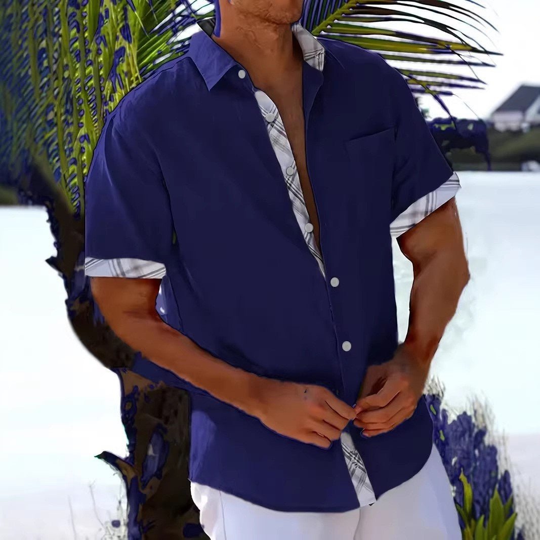 Vacation Short Sleeve Shirts With Plaid Side Summer Hawaii Beach Top Mens Clothing