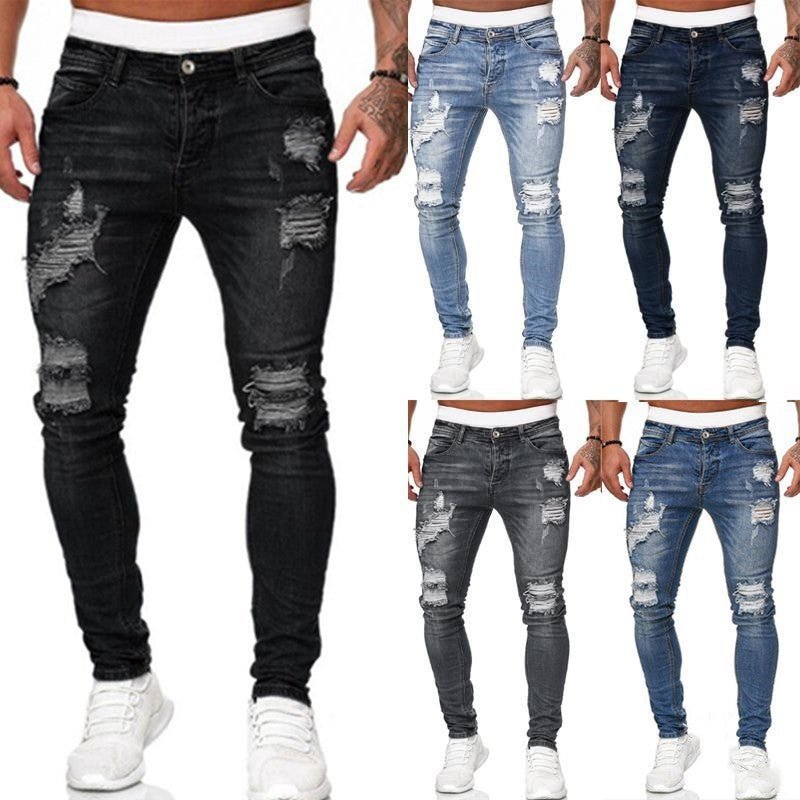 Vintage Wash Skinny Jeans Men Fashion Street Style Casual Denim Trousers