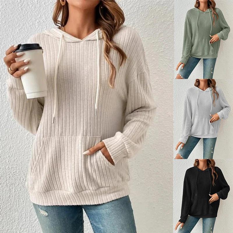 Mandotos Womens Knit Hoodie Sweatshirt With Pockets Drawstring Long Sleeve Solid Sunken Stripe Knitwear