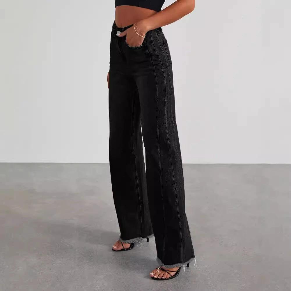 Mandotos Fashion High Waist Jeans With Pockets Slim Fit Straight Wide Leg Denim Pants