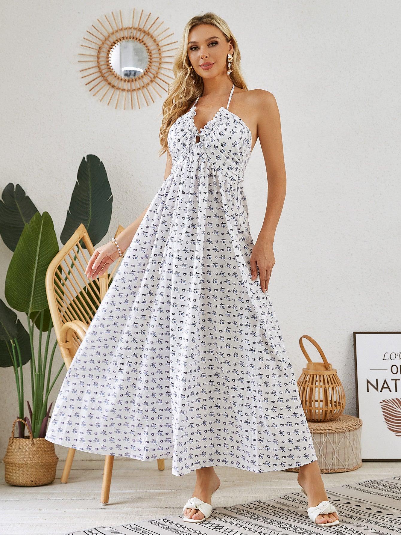 Bohemian Halter Maxi Dress - Women's Summer Sleeveless Flowy Beach Dress