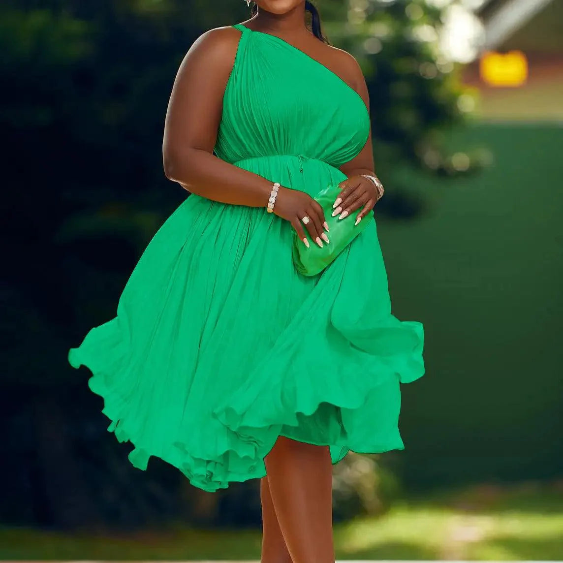 Luxe Couture Ruffle Midi Dress with Flowing Pleats for Effortless Elegance