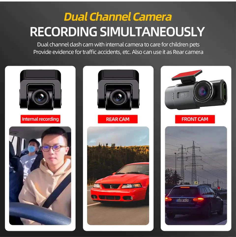 4K Dual Lens Dashboard Cam with Night Vision & GPS - Built-in Wi-Fi & Parking Mode