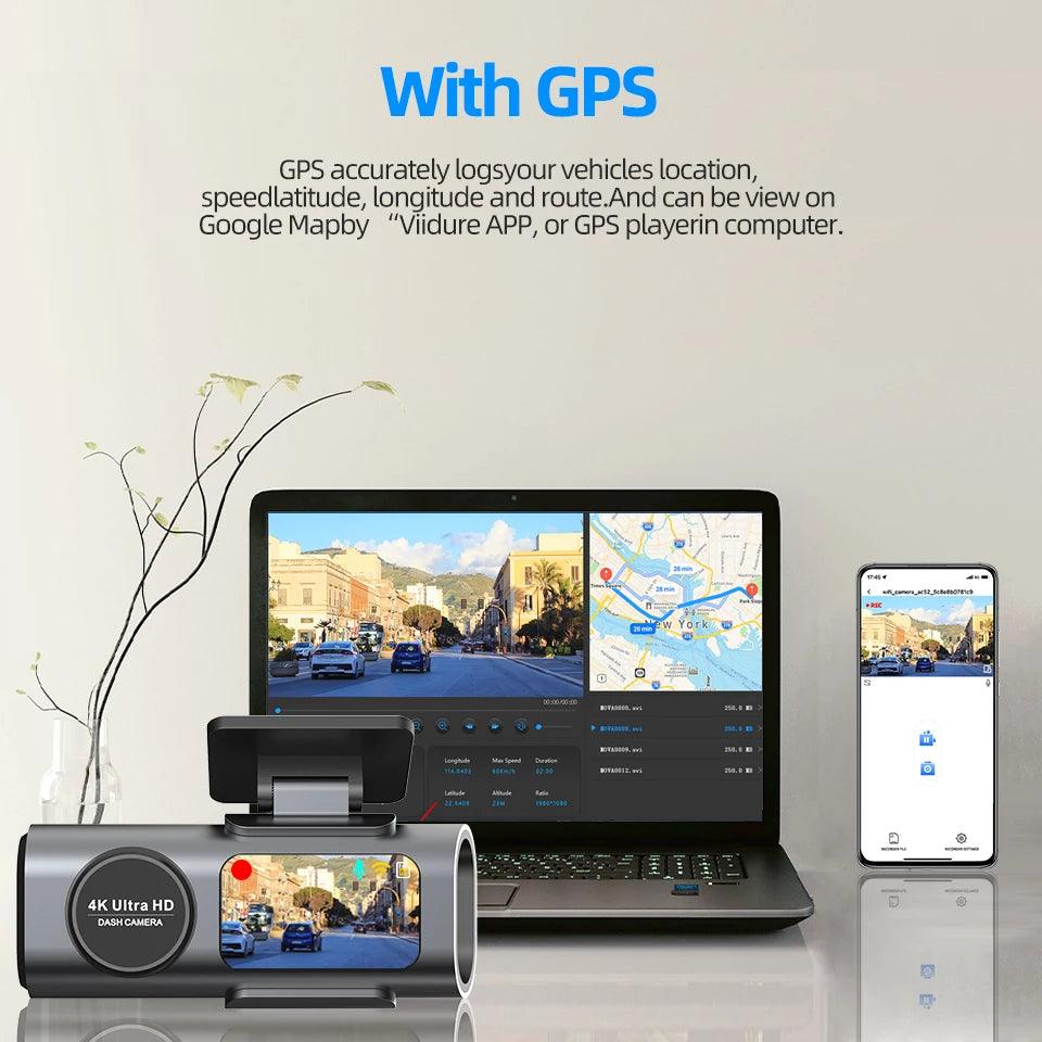 4K Dual Lens Dashboard Cam with Night Vision & GPS - Built-in Wi-Fi & Parking Mode