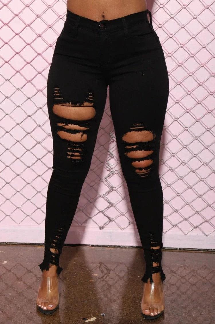 Denim Pencil Pants Slim Long Trousers Ripped Hole Stretch Feet Pants Female